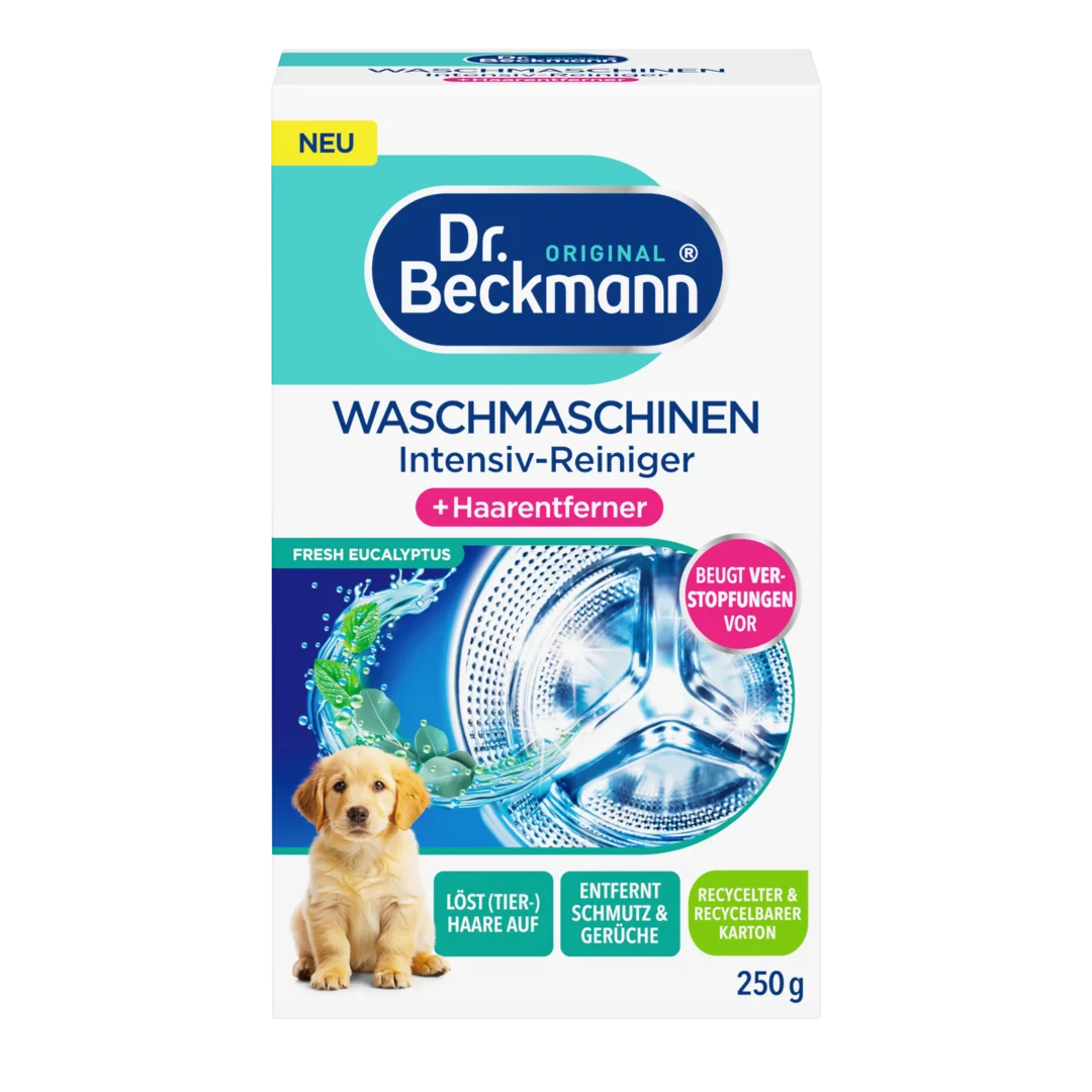 Dr. Beckmann Waschmaschinen Intensiv-Reiniger mit Haarentferner, 250g Packung, Produktverpackung.