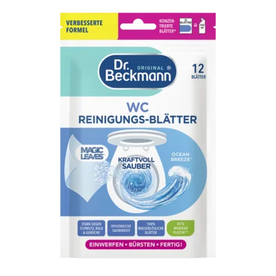 WC Reinigungs-Blätter Ocean Breeze – Weiße Beutelpackung mit blauem und türkisem Design mit 12 Tüchern für Toilettenbecken.